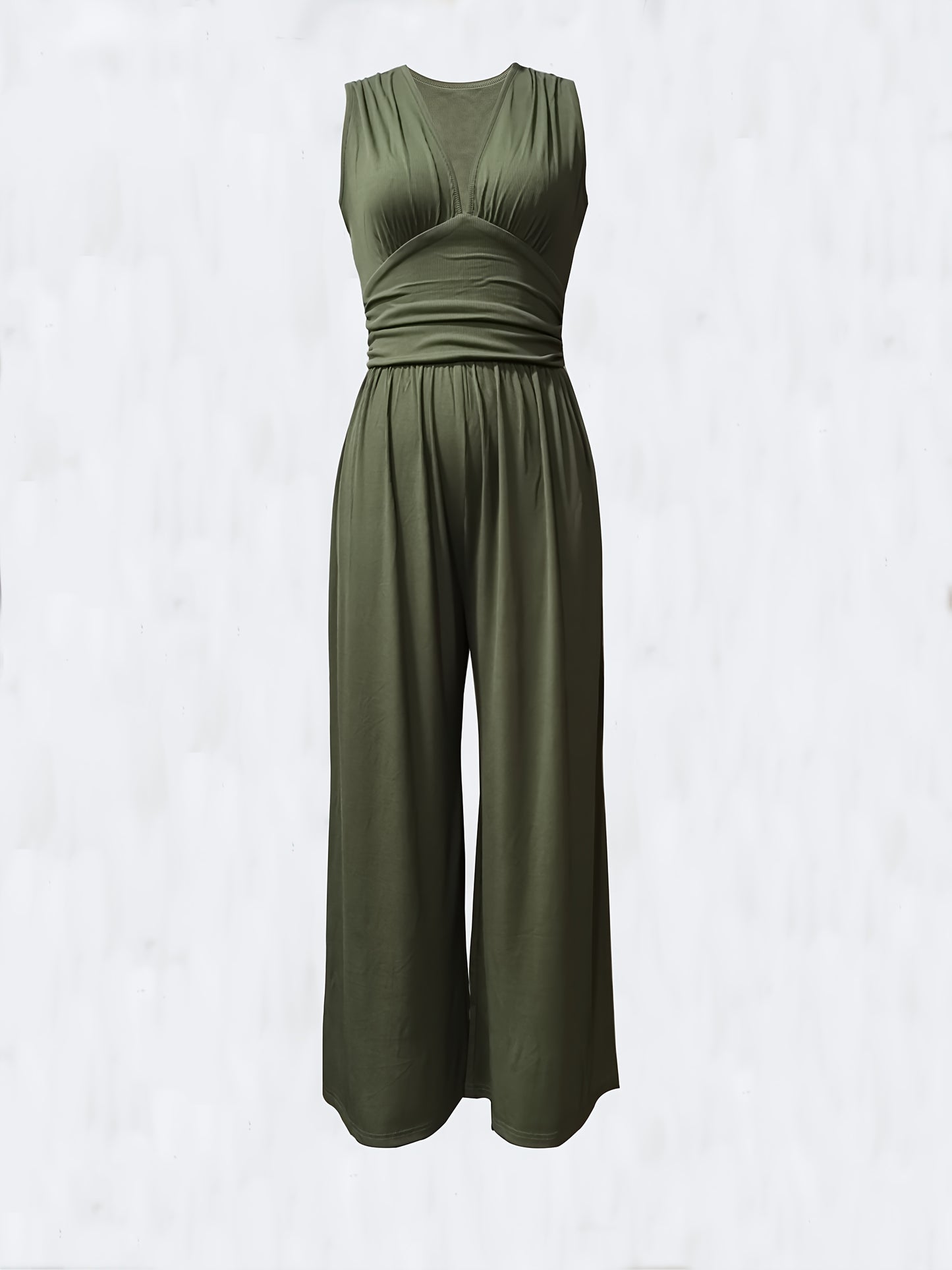 Women's Sleeveless Deep V-Neck Ruched Wide-Leg Jumpsuit - Olive Green Textured Stretch Fabric, Machine Washable Elegant Spring/Summer Casual & Formal Outfit, Ladies Rompers And Jumpsuits, Versatile Clothing, Flowing Silhouett