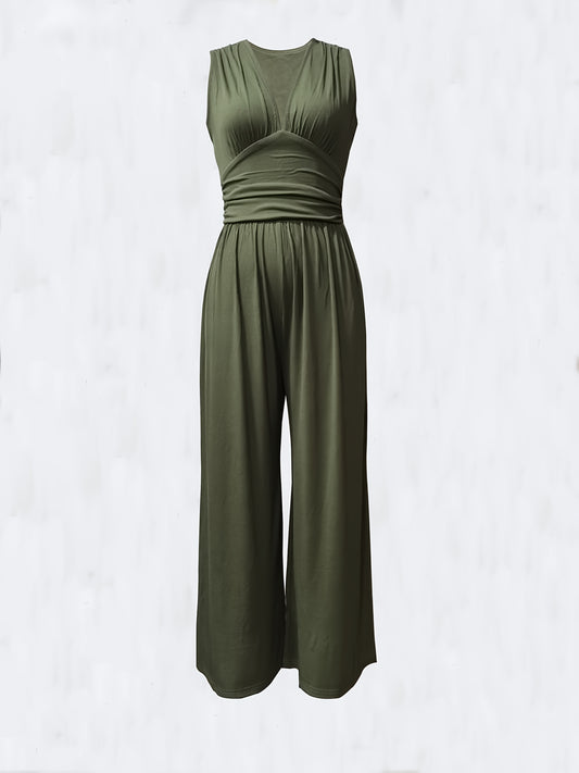 Women's Sleeveless Deep V-Neck Ruched Wide-Leg Jumpsuit - Olive Green Textured Stretch Fabric, Machine Washable Elegant Spring/Summer Casual & Formal Outfit, Ladies Rompers And Jumpsuits, Versatile Clothing, Flowing Silhouett