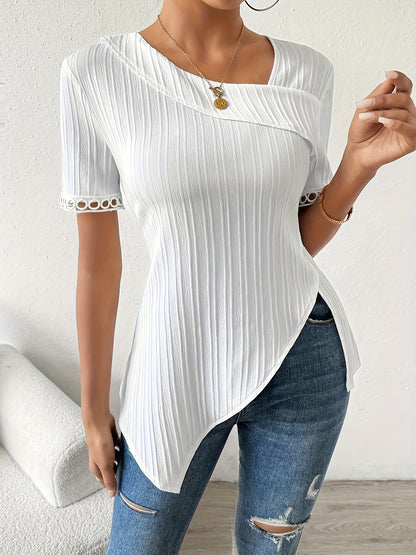 Stunning Asymmetric Hem Lace Blouse - Elegant Short Sleeve Ribbed Top for Spring & Summer, Chic Womens Clothing with Contrast Lace Detail, Perfect for Casual Outings and Outdoor Activities