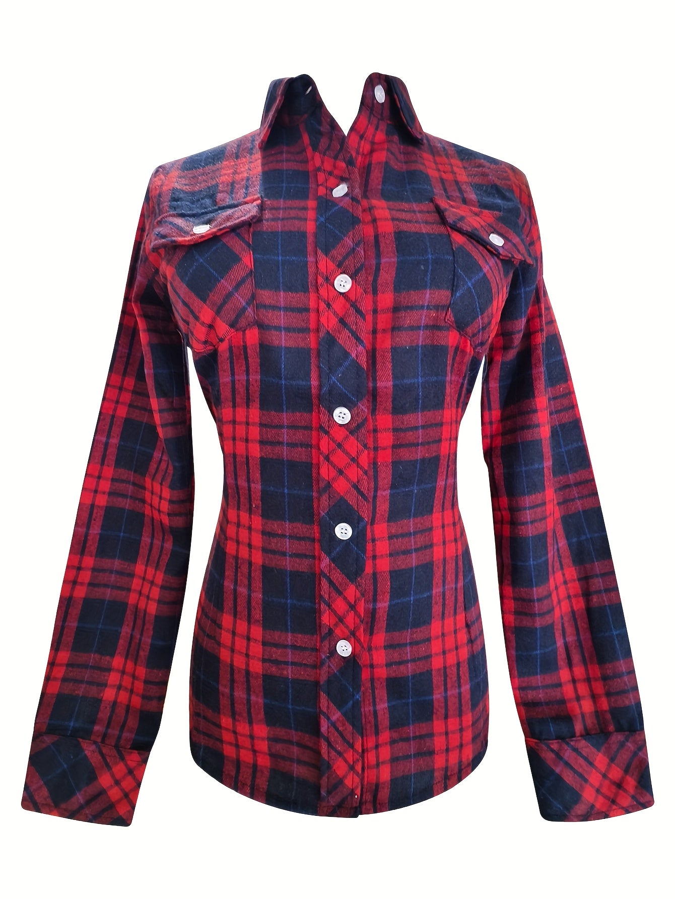 Women's Sexy Retro Slim Fit Long Sleeve Shirt - Blue & Orange Plaid Button-Up with Chest Pockets, Classic Collar, Machine Washable for Spring/Fall/Summer Casual & Office Wear, Seasonal Fashion Top | Durable Fabric Blouse