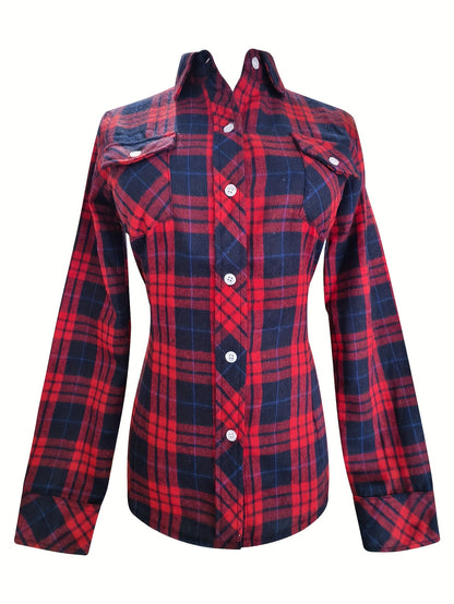 Women's Sexy Retro Slim Fit Long Sleeve Shirt - Blue & Orange Plaid Button-Up with Chest Pockets, Classic Collar, Machine Washable for Spring/Fall/Summer Casual & Office Wear, Seasonal Fashion Top | Durable Fabric Blouse