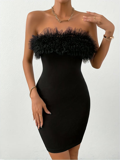 Mesh Trim Tube Dress, Elegant Solid Off Shoulder Bodycon Dress, Women's Clothing