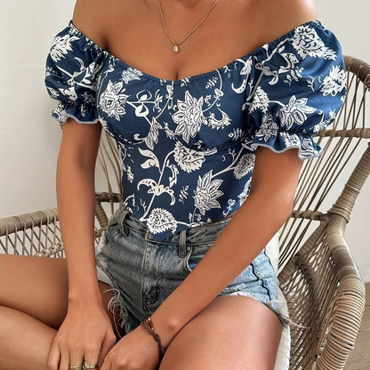 Floral Print Sweetheart Neck Blouse, Elegant Short Puff Sleeve Hanky Hem Shirred Crop Top For Spring & Summer, Women's Clothing