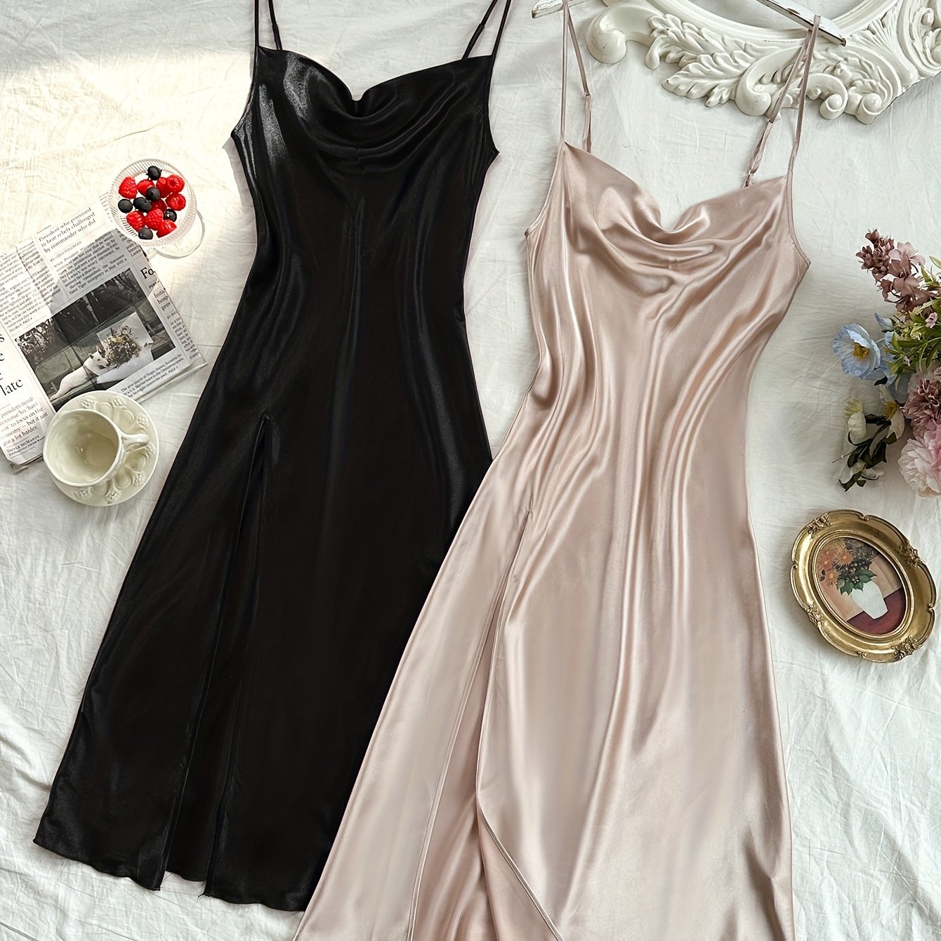 2 Pcs Women's Elegant Solid Satin Sleepwear Dress, Turtleneck Side Split Backless Midi Slip Dress, Comfortable Nightgown