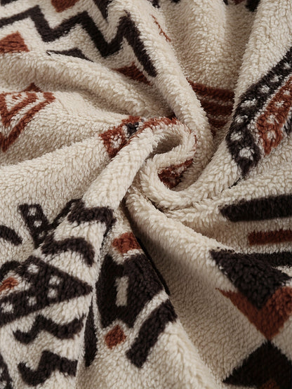 Aztec Pattern Fuzzy Jacket, Casual Zip Up Outwear For Winter & Fall, Women's Clothing