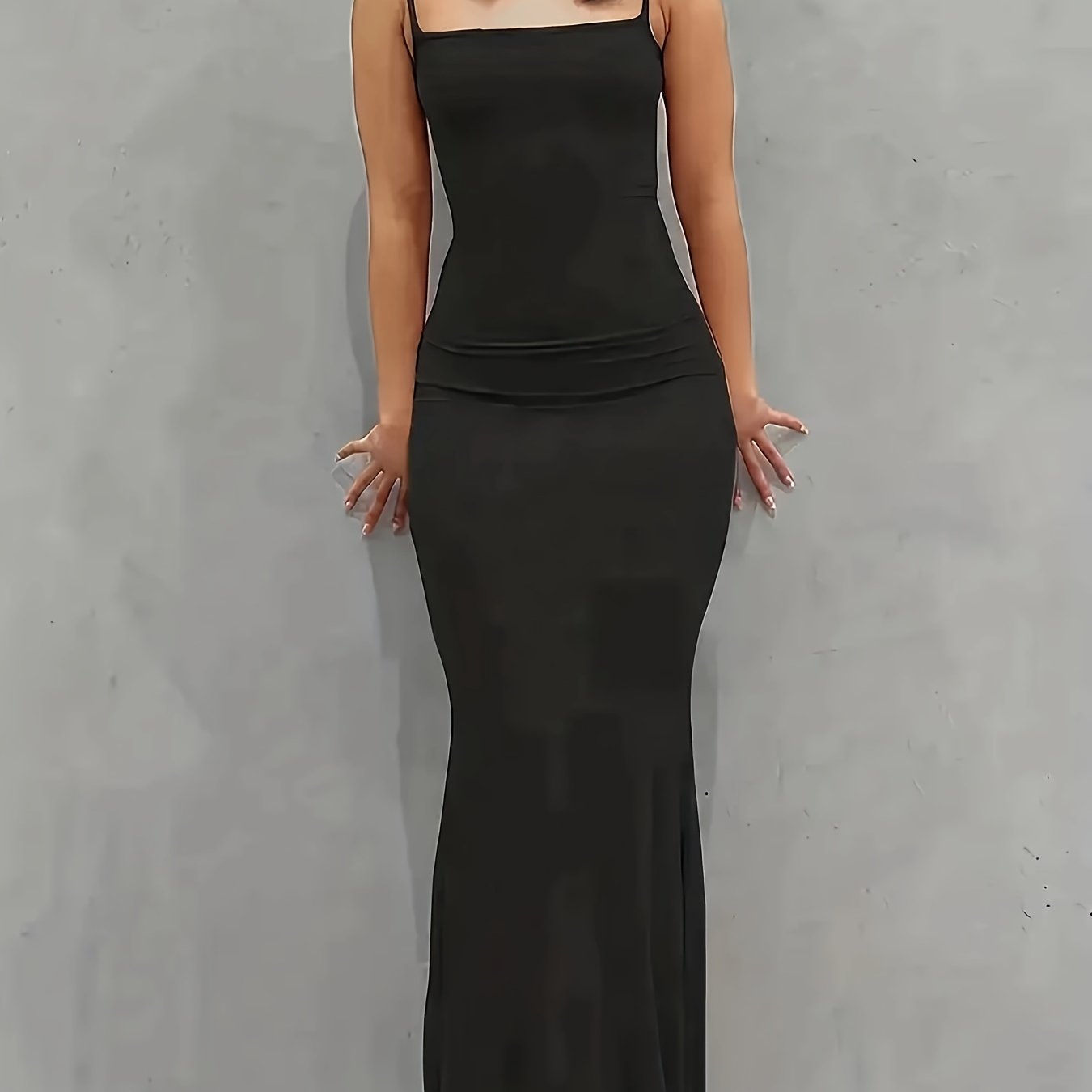 Elegant Solid Slip Lounge Dresses, Scoop Neck Bodycon Maxi Mermaid Dress, Women's Loungewear & Dresses