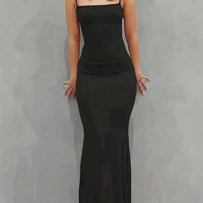 Elegant Solid Slip Lounge Dresses, Scoop Neck Bodycon Maxi Mermaid Dress, Women's Loungewear & Dresses