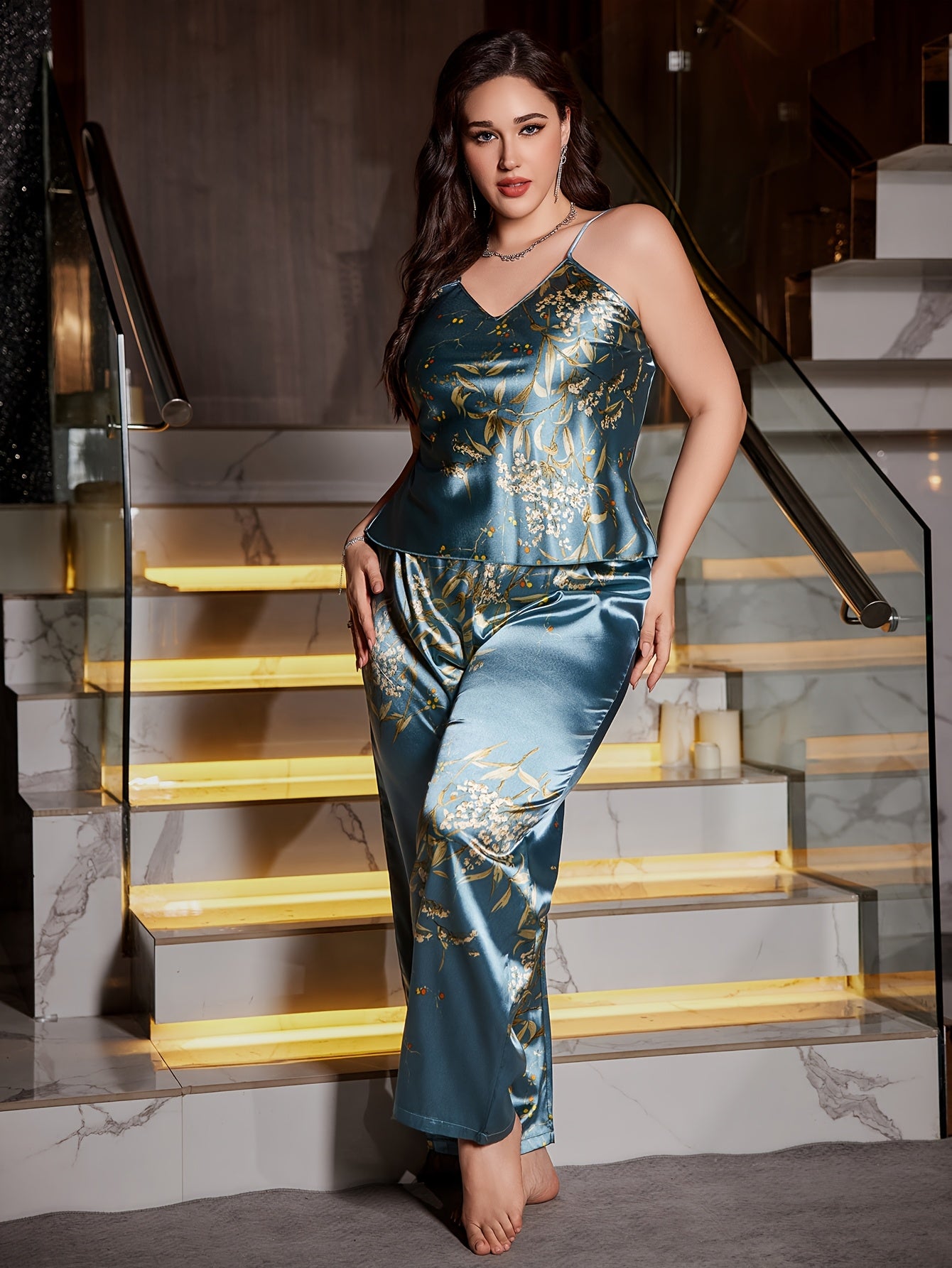 2pcs Plus Size Women'S Cherry Print Cami Pants Pajama Set - Elegant Sleeveless Jumpsuit with Floral Design, Backless, All-Season Comfort, Comfortable Loungewear|Floral Print Jumpsuit|Backless Design, Cherry Pants