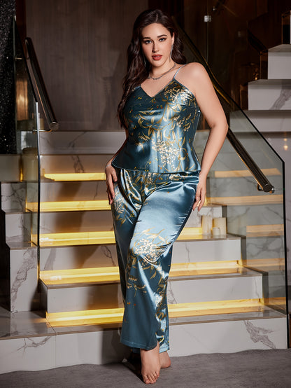 2pcs Plus Size Women'S Cherry Print Cami Pants Pajama Set - Elegant Sleeveless Jumpsuit with Floral Design, Backless, All-Season Comfort, Comfortable Loungewear|Floral Print Jumpsuit|Backless Design, Cherry Pants