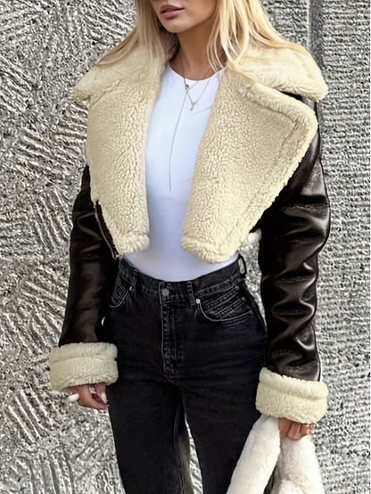 Women'S Elegant Teddy Lined Jacket with Turnover Sleeves, Zipper Closure, and Moto-Inspired Design - Vintage Streetwear Collar, Perfect for Fall/Winter