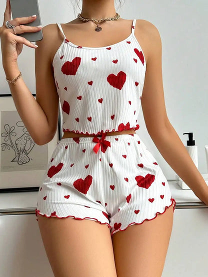 Women’s 2PCS Heart Print Pajama Set, Sleeveless Crop Top and Shorts, Soft Comfy Sleepwear Loungewear for Summer Nightwear