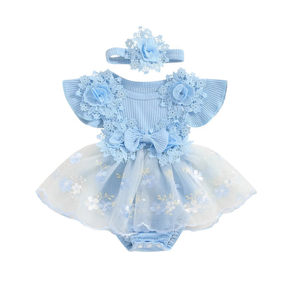 3D Flower Summer Baby Girls Romper Princess Mesh Newborn Clothes Lace Patchwork Ruffle Bodysuit Dress Headband Kids Clothing