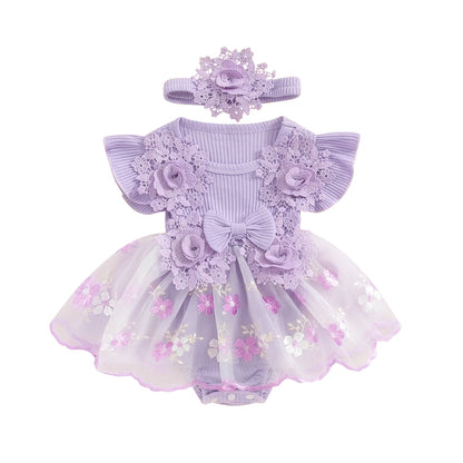 3D Flower Summer Baby Girls Romper Princess Mesh Newborn Clothes Lace Patchwork Ruffle Bodysuit Dress Headband Kids Clothing
