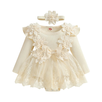 3D Flower Summer Baby Girls Romper Princess Mesh Newborn Clothes Lace Patchwork Ruffle Bodysuit Dress Headband Kids Clothing