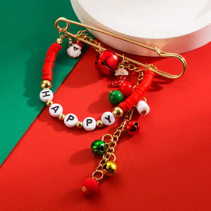 Christmas fun brooch alloy bead HAPPY letter bell accessories fashion holiday brooch