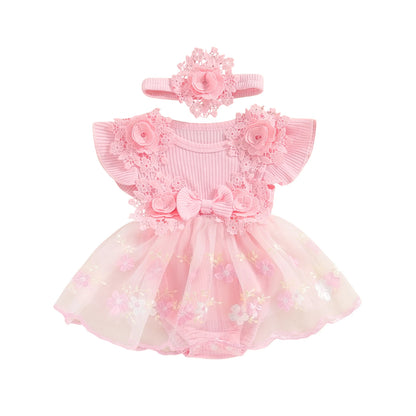 3D Flower Summer Baby Girls Romper Princess Mesh Newborn Clothes Lace Patchwork Ruffle Bodysuit Dress Headband Kids Clothing