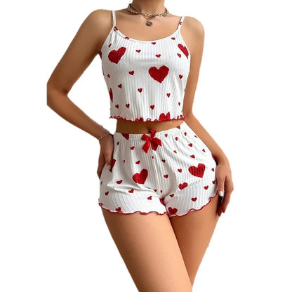 Women’s 2PCS Heart Print Pajama Set, Sleeveless Crop Top and Shorts, Soft Comfy Sleepwear Loungewear for Summer Nightwear