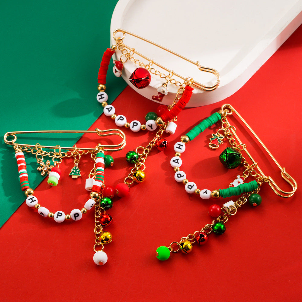 Christmas fun brooch alloy bead HAPPY letter bell accessories fashion holiday brooch