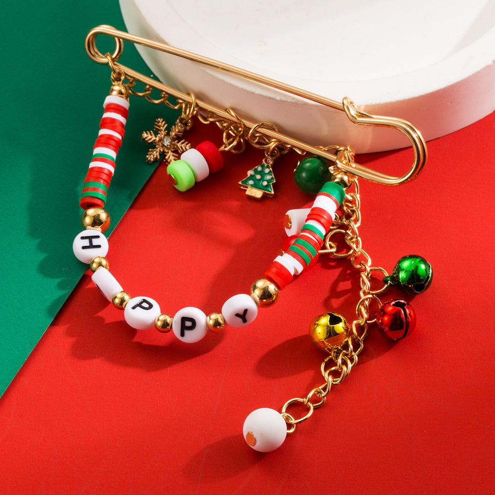 Christmas fun brooch alloy bead HAPPY letter bell accessories fashion holiday brooch