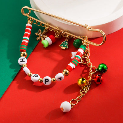 Christmas fun brooch alloy bead HAPPY letter bell accessories fashion holiday brooch