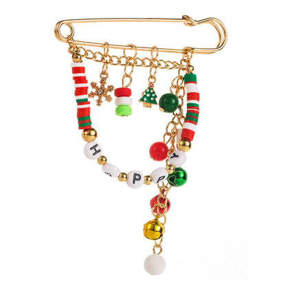 Christmas fun brooch alloy bead HAPPY letter bell accessories fashion holiday brooch