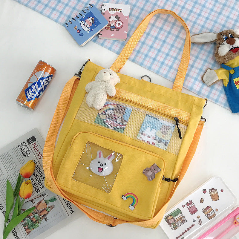 Korean Version Of The Small Fresh Spring Canvas Bag Cute Rabbit Head Pendant Backpack Student Supplementary Bag Large-Capacity Messenger Bag