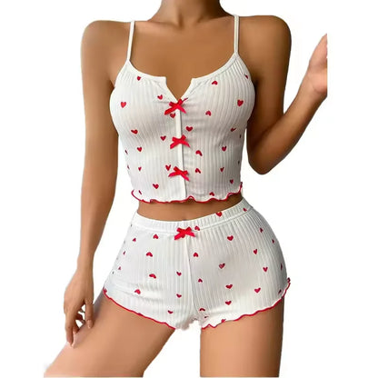 Home Suit Loungewear Heart Print Silk Stain V-Neck Sleeveless Casual Cami Top and Shorts Sets Sexy Sleepwear Women Pajamas Set
