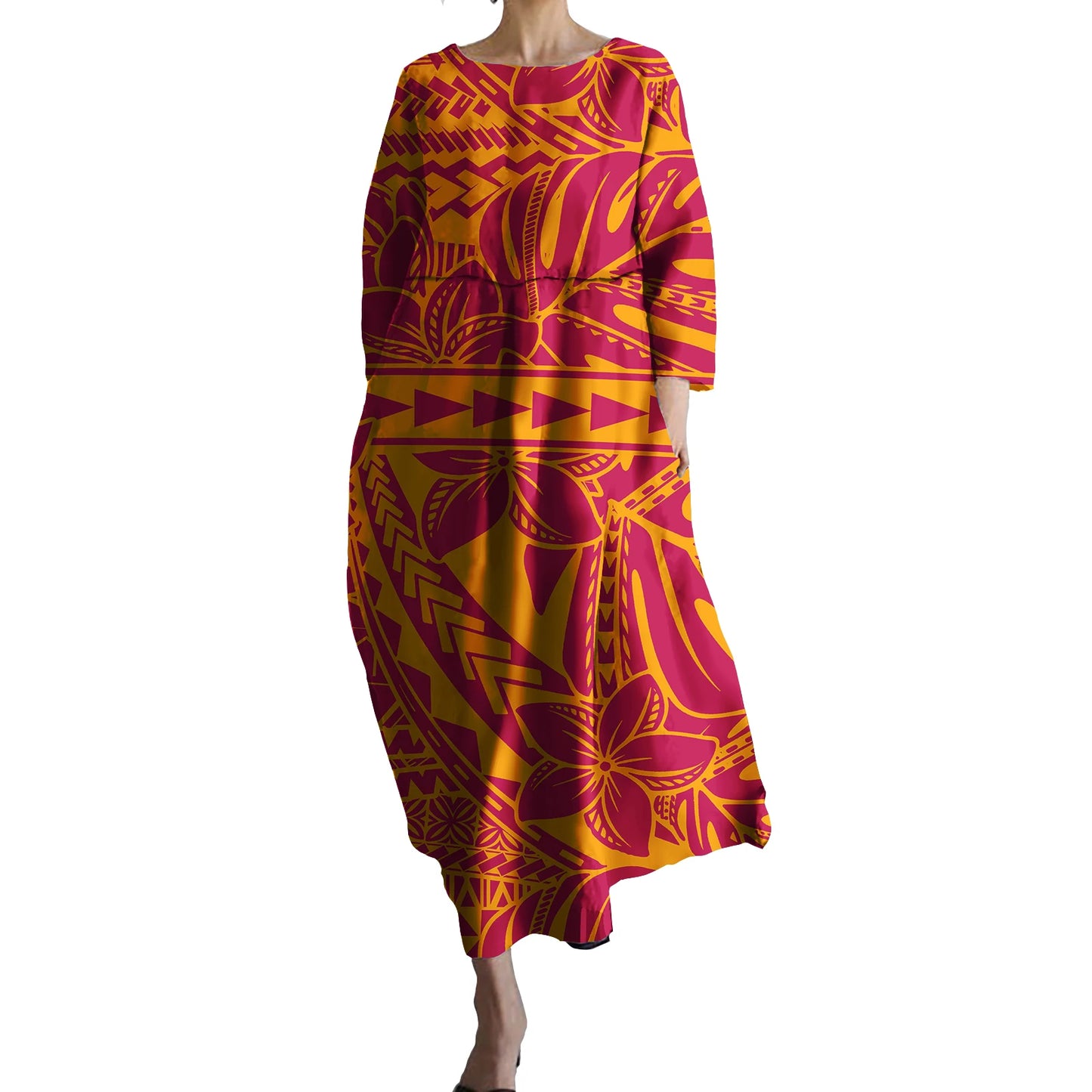 Pacific Island Tribal Design Floral Hawaiian Dresses Women Pocket Loose O-neck Polynesian Clothing Samoan Puletasi Dress