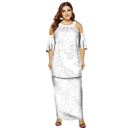 Wholesale Price Island Two Pieces Puletasi Hawaii Party Dress Polynesian Tribal Print White Lady O-neck Puletasi Dresses