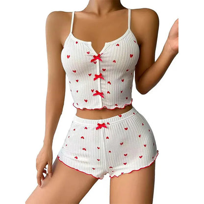 Home Suit Loungewear Heart Print Silk Stain V-Neck Sleeveless Casual Cami Top and Shorts Sets Sexy Sleepwear Women Pajamas Set