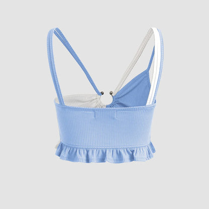 W4060 Ins Style Women Sexy tank Top Fashion Girls Hot Sexy Contrasting Color Halter Hollow Out Ruffles Camisole Top