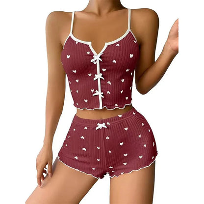 Home Suit Loungewear Heart Print Silk Stain V-Neck Sleeveless Casual Cami Top and Shorts Sets Sexy Sleepwear Women Pajamas Set