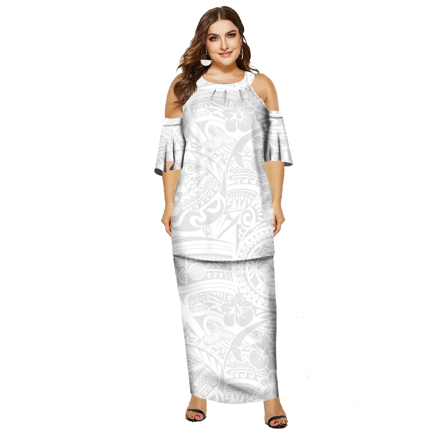Wholesale Price Island Two Pieces Puletasi Hawaii Party Dress Polynesian Tribal Print White Lady O-neck Puletasi Dresses
