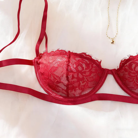 2025 New Women Sexy Two Piece Red Lace Lingerie Floral Embroidery Butterfly Bodysuit Chiffon Half Slips for Ladies and Girls