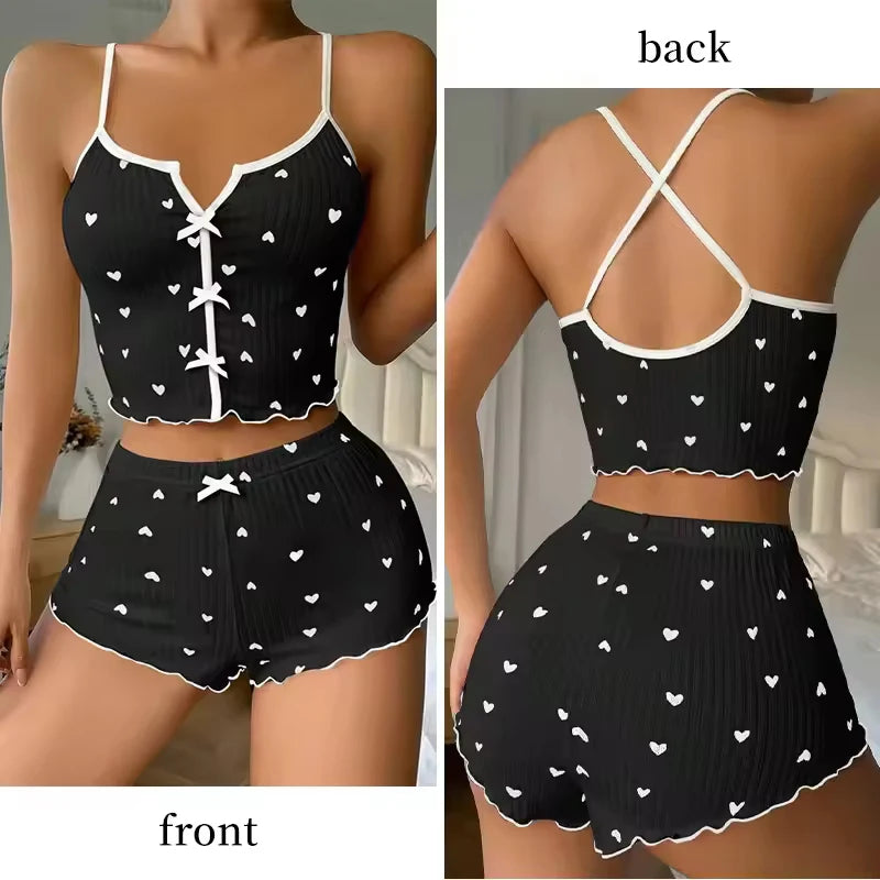 Home Suit Loungewear Heart Print Silk Stain V-Neck Sleeveless Casual Cami Top and Shorts Sets Sexy Sleepwear Women Pajamas Set