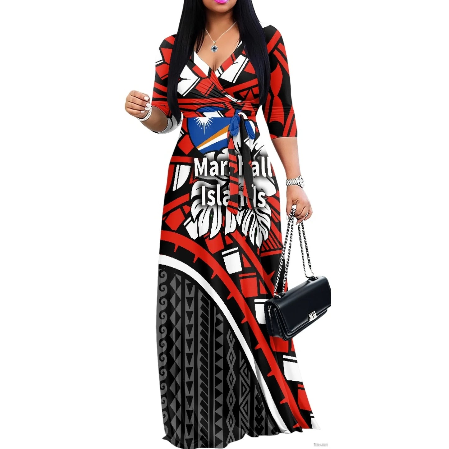 Luxury Marshall Islands Pattern Long Dress for Women Casual 3/4 Sleeve Dresses Maxi Dress Empire Waist Loose with Belt Wholesale
