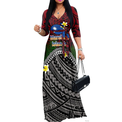 Luxury Marshall Islands Pattern Long Dress for Women Casual 3/4 Sleeve Dresses Maxi Dress Empire Waist Loose with Belt Wholesale