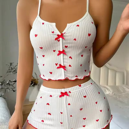 Home Suit Loungewear Heart Print Silk Stain V-Neck Sleeveless Casual Cami Top and Shorts Sets Sexy Sleepwear Women Pajamas Set