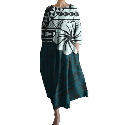Pacific Island Tribal Design Floral Hawaiian Dresses Women Pocket Loose O-neck Polynesian Clothing Samoan Puletasi Dress