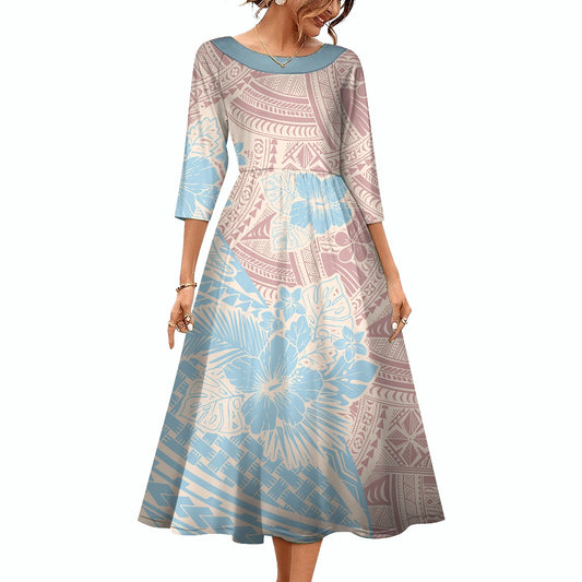 New Fashion Samoa Hawaii Tapa Fabric Custom Polynesian Tribal Dress Women Large Size O Neck Casual Maxi Formal Dress