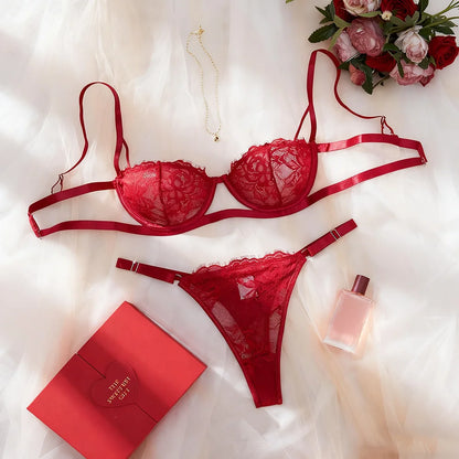 2025 New Women Sexy Two Piece Red Lace Lingerie Floral Embroidery Butterfly Bodysuit Chiffon Half Slips for Ladies and Girls