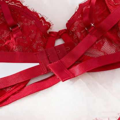 2025 New Women Sexy Two Piece Red Lace Lingerie Floral Embroidery Butterfly Bodysuit Chiffon Half Slips for Ladies and Girls