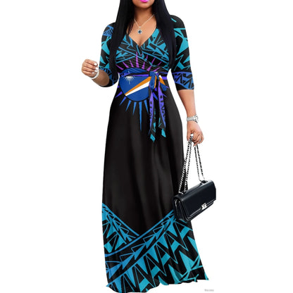 Luxury Marshall Islands Pattern Long Dress for Women Casual 3/4 Sleeve Dresses Maxi Dress Empire Waist Loose with Belt Wholesale