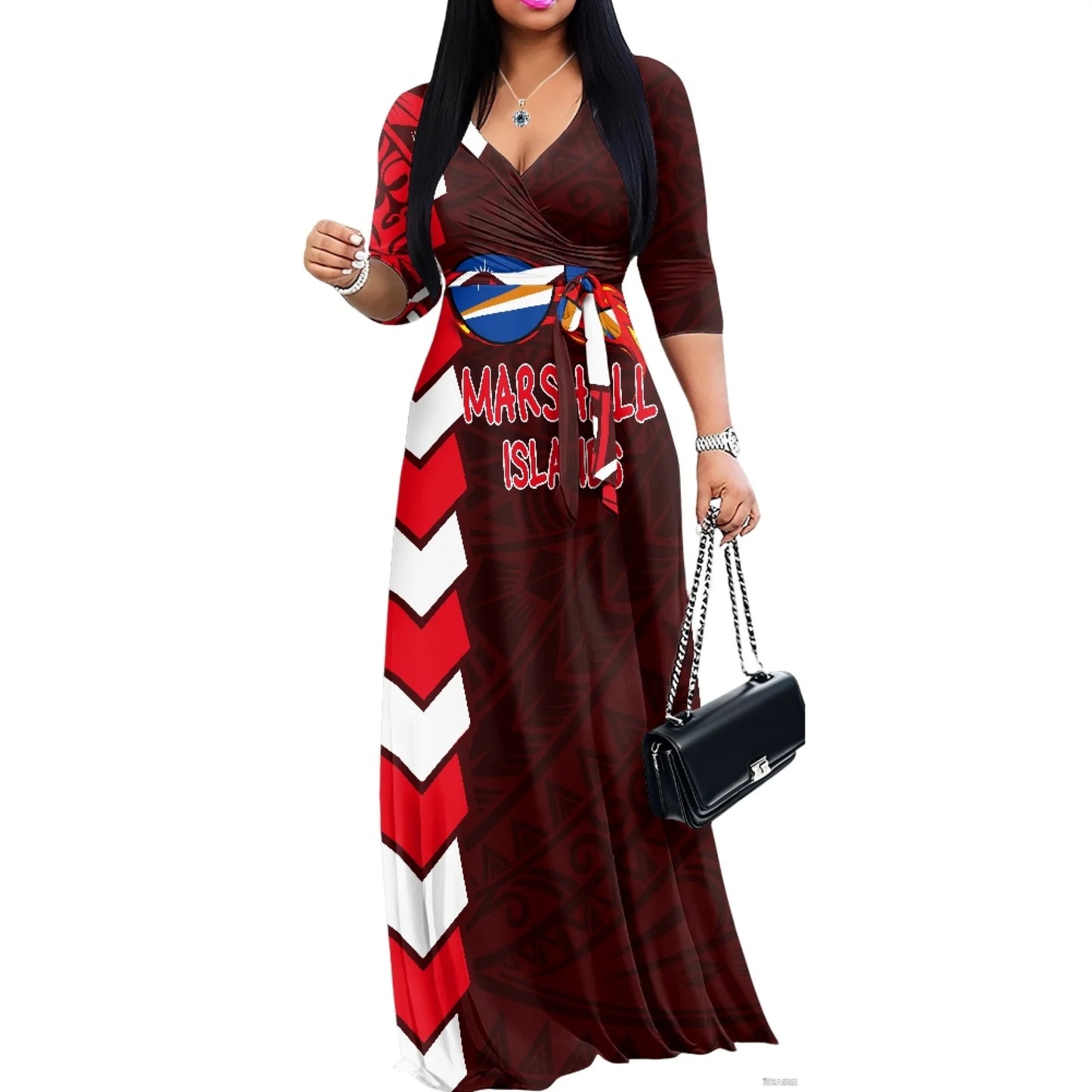 Luxury Marshall Islands Pattern Long Dress for Women Casual 3/4 Sleeve Dresses Maxi Dress Empire Waist Loose with Belt Wholesale