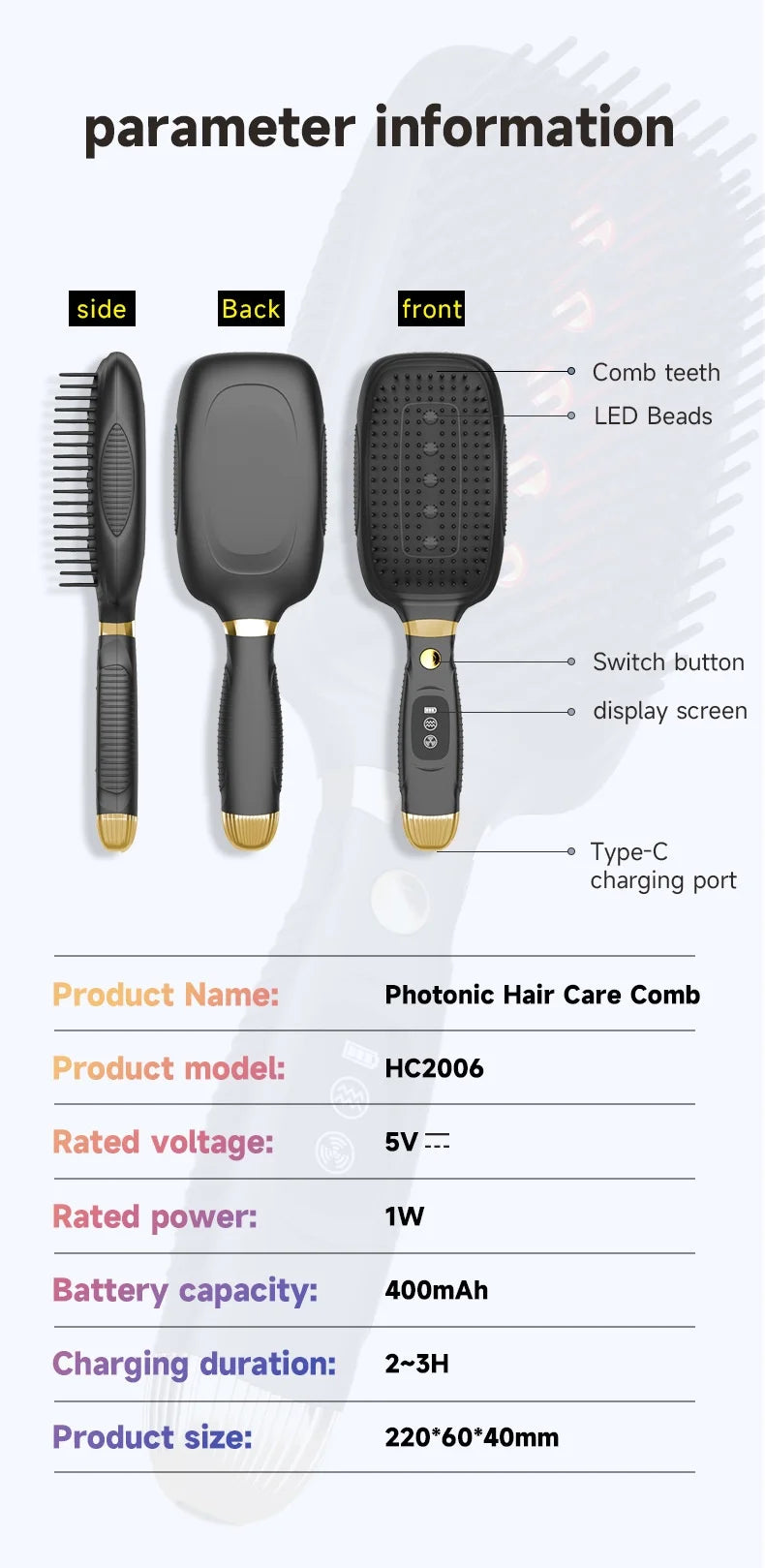 1-Year Household Car Microcurrent Electric Massage Hair Comb Cross-Border Spot Pure English LED USB Vibrating Hair Straightener