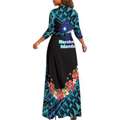 Luxury Marshall Islands Pattern Long Dress for Women Casual 3/4 Sleeve Dresses Maxi Dress Empire Waist Loose with Belt Wholesale