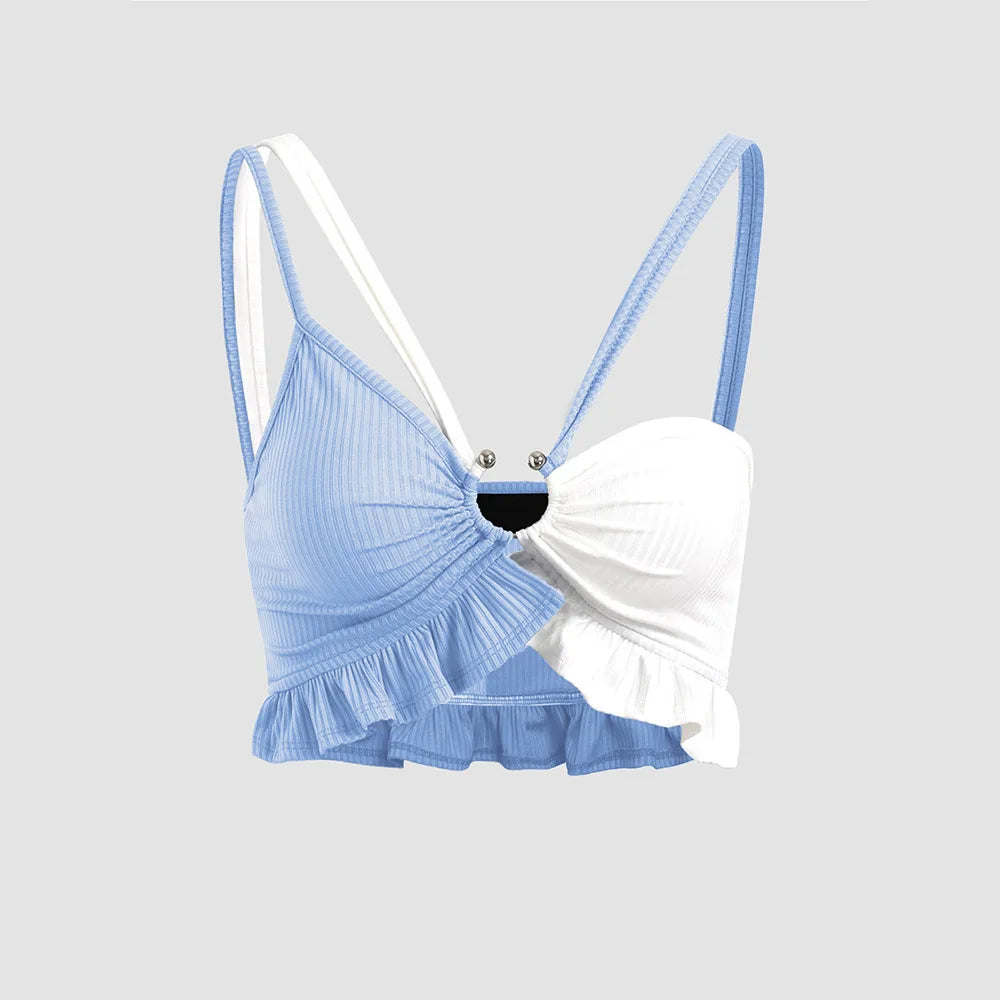 W4060 Ins Style Women Sexy tank Top Fashion Girls Hot Sexy Contrasting Color Halter Hollow Out Ruffles Camisole Top