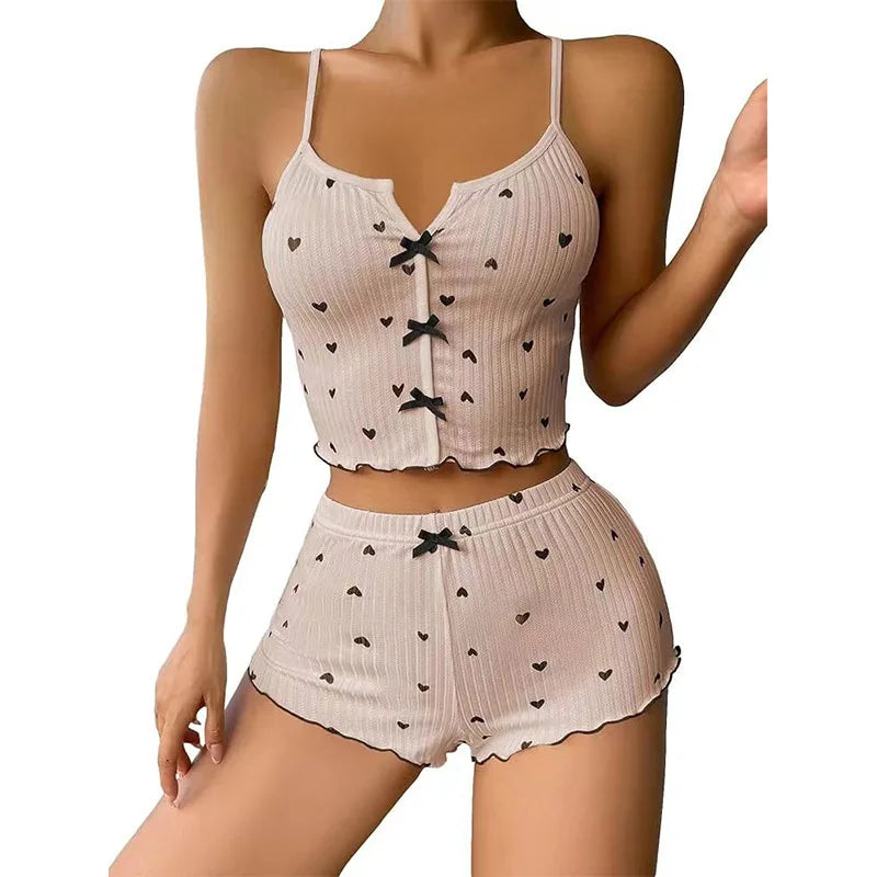 Home Suit Loungewear Heart Print Silk Stain V-Neck Sleeveless Casual Cami Top and Shorts Sets Sexy Sleepwear Women Pajamas Set