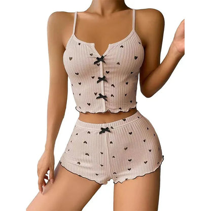Home Suit Loungewear Heart Print Silk Stain V-Neck Sleeveless Casual Cami Top and Shorts Sets Sexy Sleepwear Women Pajamas Set