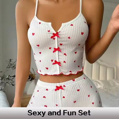 Home Suit Loungewear Heart Print Silk Stain V-Neck Sleeveless Casual Cami Top and Shorts Sets Sexy Sleepwear Women Pajamas Set